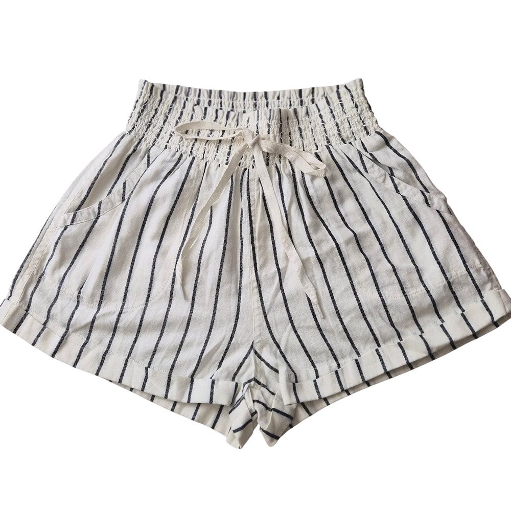 Sim & Sam Striped Cotton Linen Smocked Waist Shorts Cream Navy Small